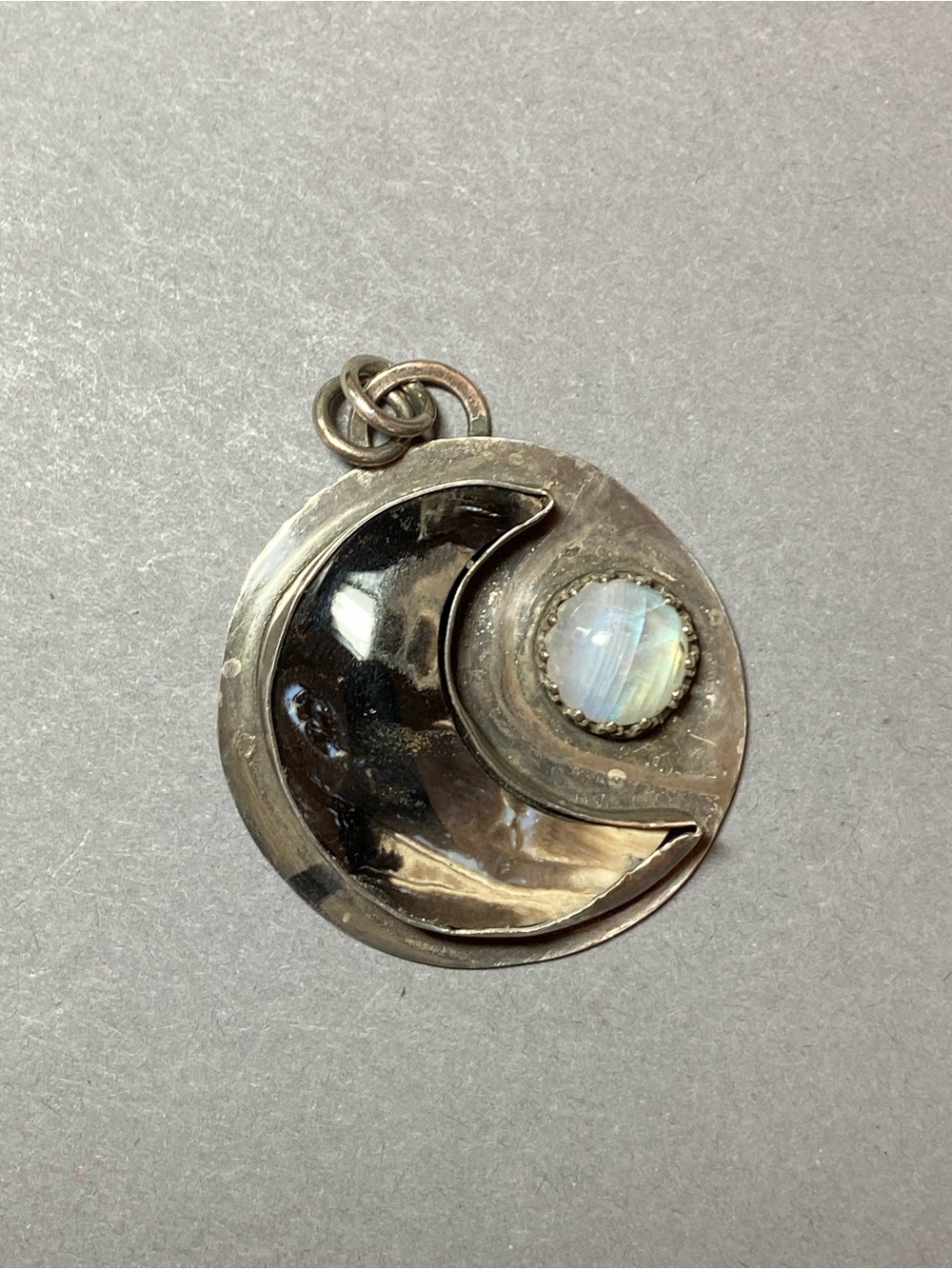 Artisan sterling silver fossilized palm wood moonstone moon pendant